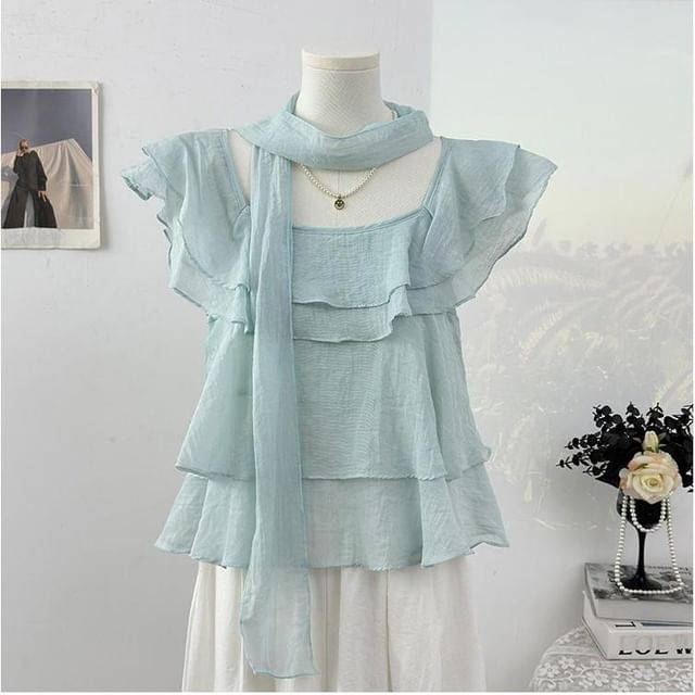 Square Neck Ruffle Blouse with Scarf Set