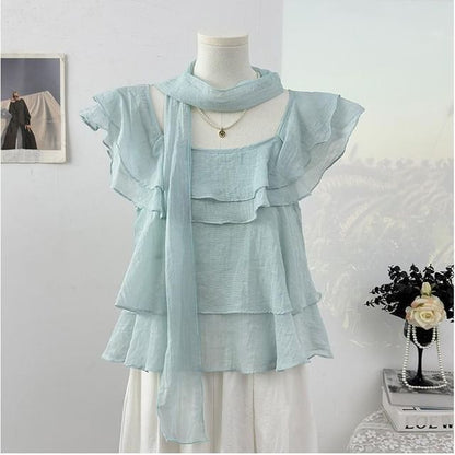 Square Neck Ruffle Blouse with Scarf Set