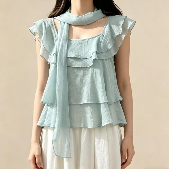 Square Neck Ruffle Blouse with Scarf Set