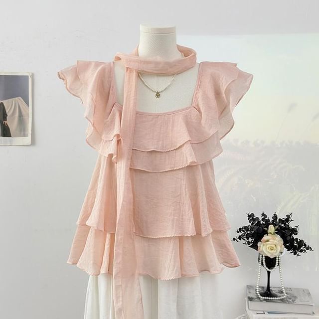 Square Neck Ruffle Blouse with Scarf Set
