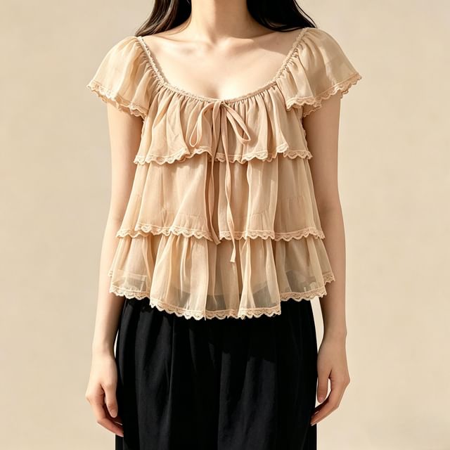 Square Neck Cap Sleeve Lace Trimmed Ruffle Top