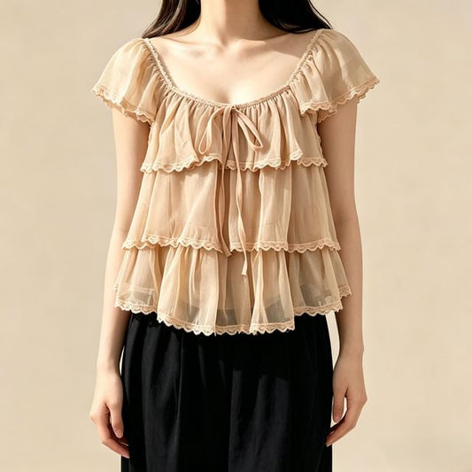 Square Neck Cap Sleeve Lace Trimmed Ruffle Top