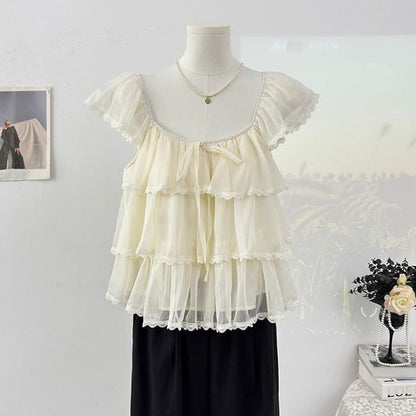 Square Neck Cap Sleeve Lace Trimmed Ruffle Top