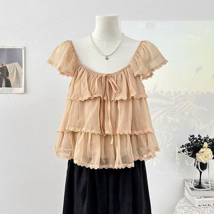 Square Neck Cap Sleeve Lace Trimmed Ruffle Top