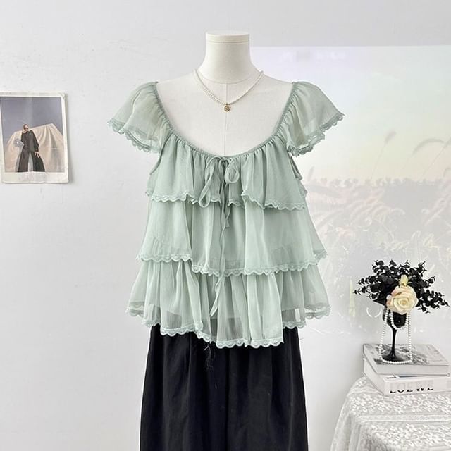 Square Neck Cap Sleeve Lace Trimmed Ruffle Top