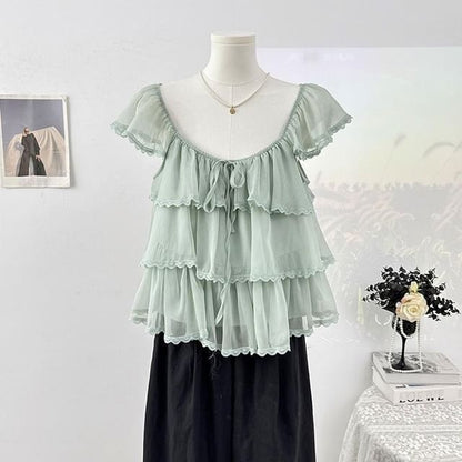 Square Neck Cap Sleeve Lace Trimmed Ruffle Top