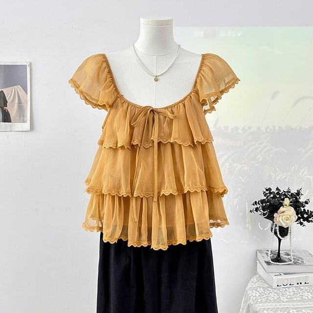 Square Neck Cap Sleeve Lace Trimmed Ruffle Top