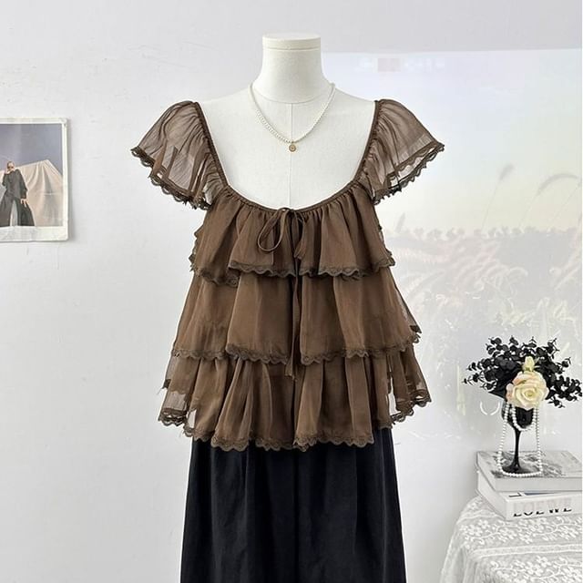 Square Neck Cap Sleeve Lace Trimmed Ruffle Top