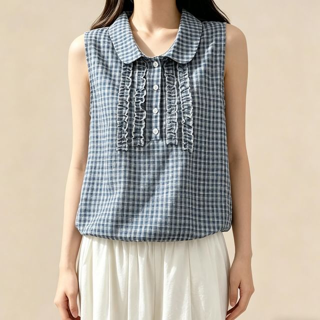 Peter Pan Collar Plaid Frill Tank