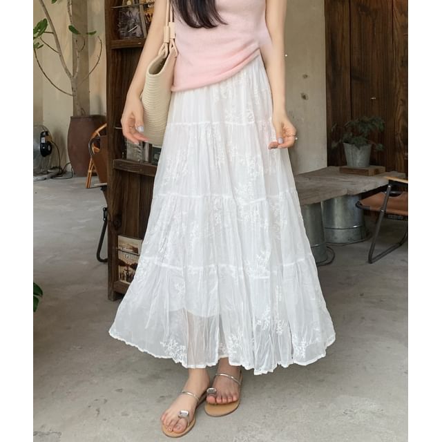 High Waist Lace Maxi A-Line Skirt