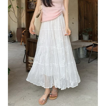 High Waist Lace Maxi A-Line Skirt