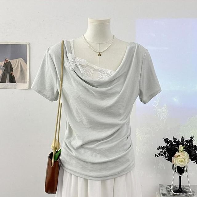 Mock Two-Piece Short-Sleeve Lace Panel T-Shirt