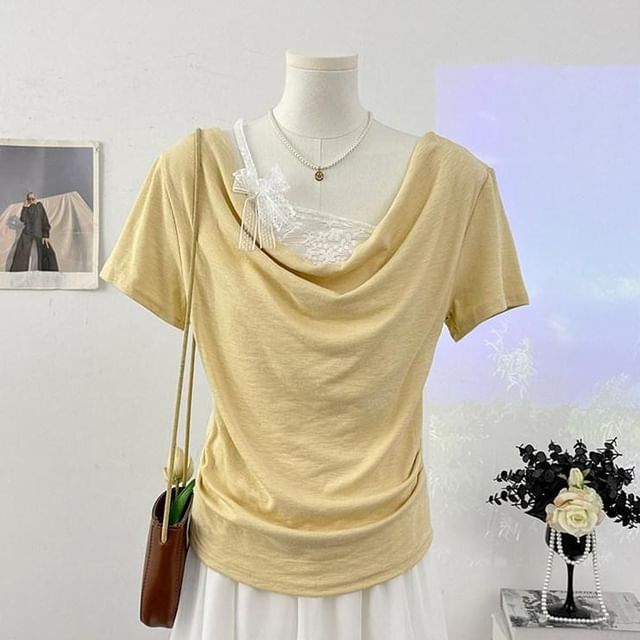 Mock Two-Piece Short-Sleeve Lace Panel T-Shirt