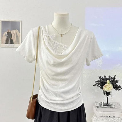 Mock Two-Piece Short-Sleeve Lace Panel T-Shirt