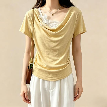 Mock Two-Piece Short-Sleeve Lace Panel T-Shirt