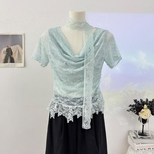 Short-Sleeve Cowl Neck Lace Crop Top