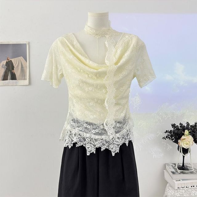 Short-Sleeve Cowl Neck Lace Crop Top