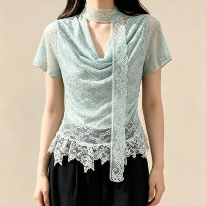 Short-Sleeve Cowl Neck Lace Crop Top