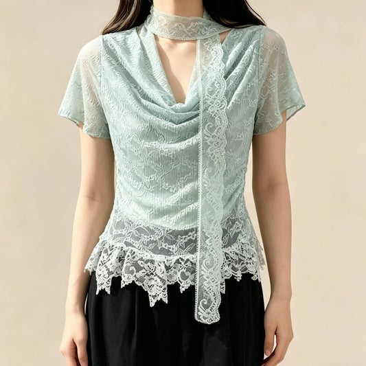 Short-Sleeve Cowl Neck Lace Crop Top