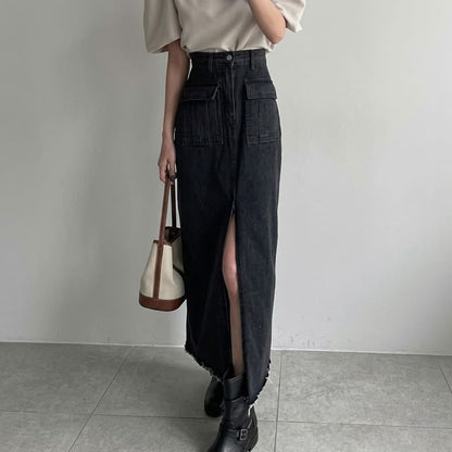 High Waist Plain Frayed Slit Denim Maxi Straight Skirt