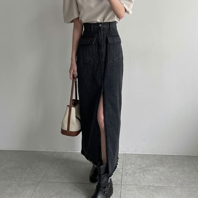High Waist Plain Frayed Slit Denim Maxi Straight Skirt