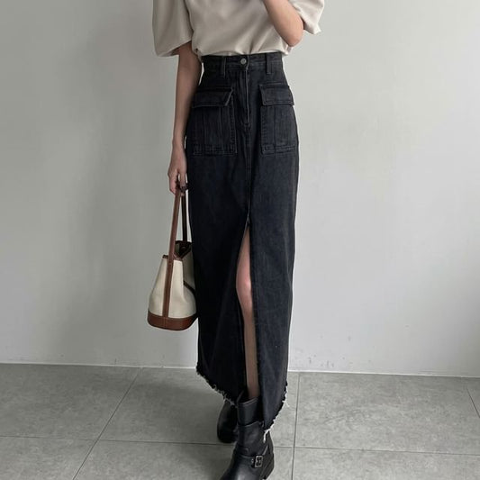 High Waist Plain Frayed Slit Denim Maxi Straight Skirt