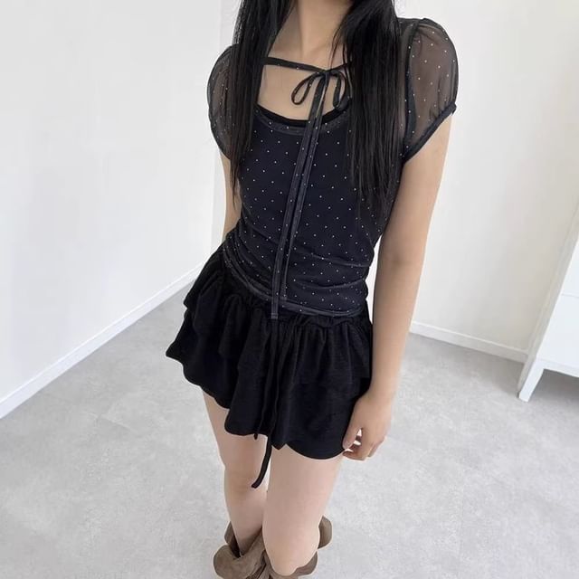 Puff-Sleeve Scoop Neck Micro Dot Tie Front Mesh Top
