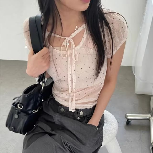 Puff-Sleeve Scoop Neck Micro Dot Tie Front Mesh Top
