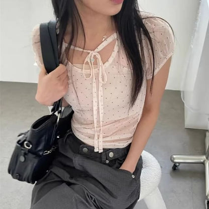 Puff-Sleeve Scoop Neck Micro Dot Tie Front Mesh Top