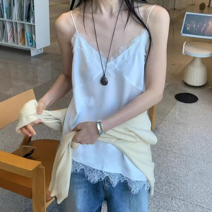 V-Neck Asymmetrical Lace Trim Camisole Top