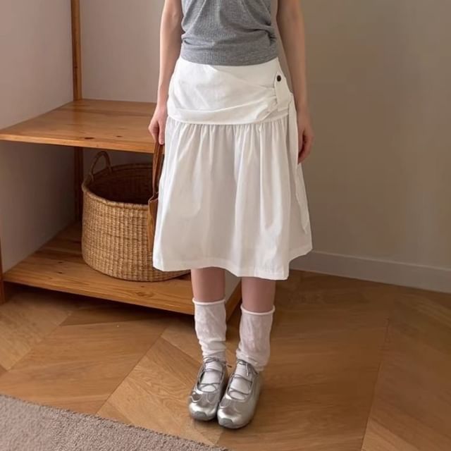 High Waist Plain Buttoned A-Line Skirt
