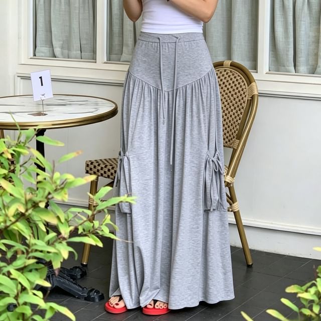 Drawstring Waist Plain Ruched Maxi A-Line Skirt