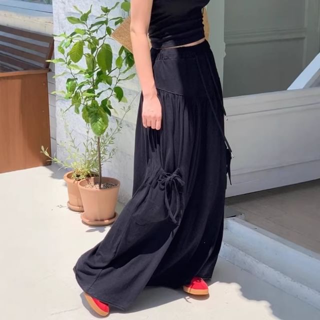 Drawstring Waist Plain Ruched Maxi A-Line Skirt