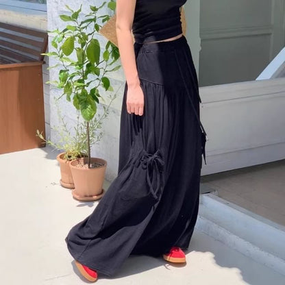 Drawstring Waist Plain Ruched Maxi A-Line Skirt