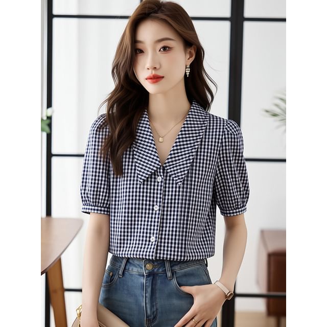 Plaid Collared Button Up Short Sleeve Blouse