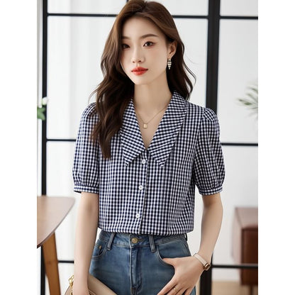 Plaid Collared Button Up Short Sleeve Blouse