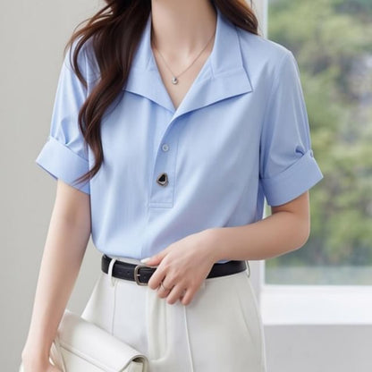 Half Button Collared Short Sleeve Blouse
