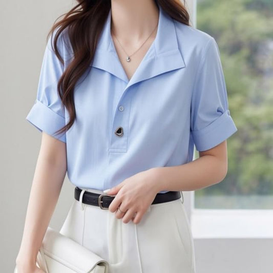 Half Button Collared Short Sleeve Blouse