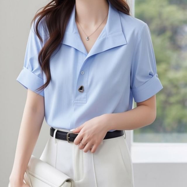 Half Button Collared Short Sleeve Blouse