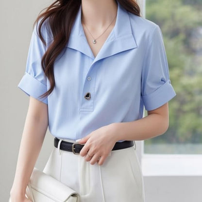 Half Button Collared Short Sleeve Blouse