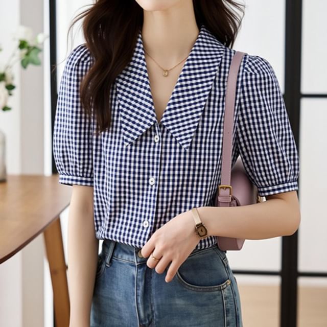 Plaid Collared Button Up Short Sleeve Blouse