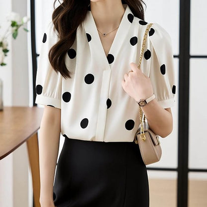 Dotted V-Neck Short Sleeve Blouse