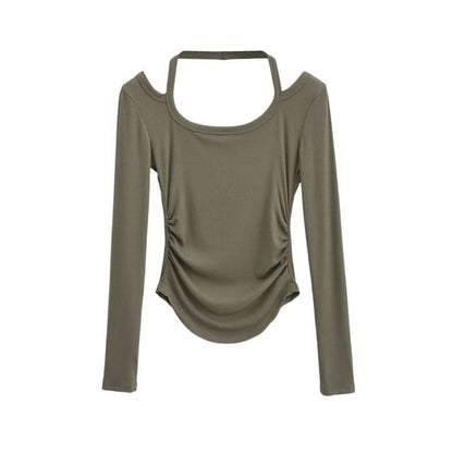 Halter Neck Long Sleeve Cropped Tee