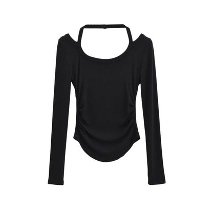 Halter Neck Long Sleeve Cropped Tee