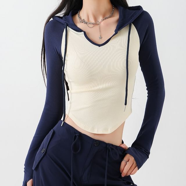 Hooded Raglan Long Sleeve Crop Top