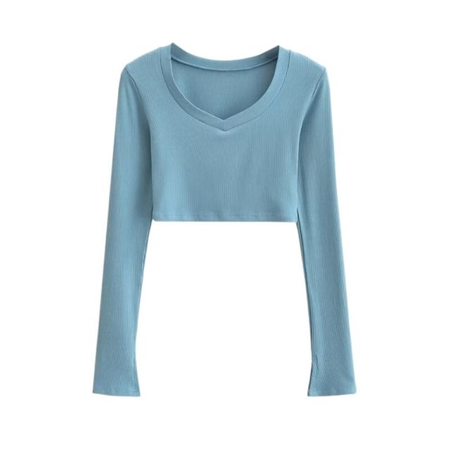 V-Neck Long Sleeve Cropped Tee