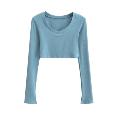 V-Neck Long Sleeve Cropped Tee