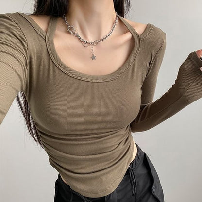 Halter Neck Long Sleeve Cropped Tee