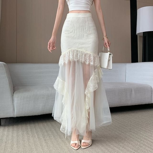 High Waist Mesh Panel Lace Maxi Mermaid Skirt