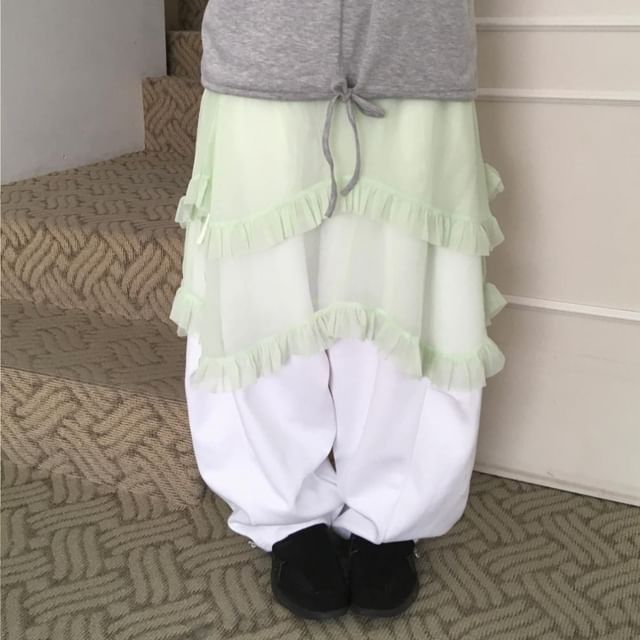 Plain Ruffle Trim Layered Mesh Wrap Skirt